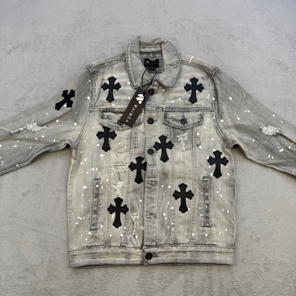 Waimea Denim Jacket Mens Small Gray Paint Splatter Cross Applique Distressed Y2K